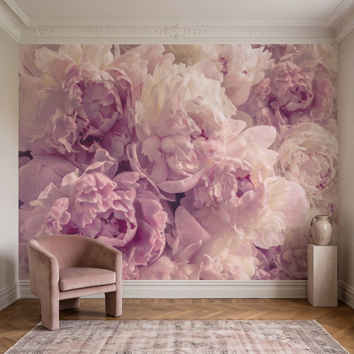 Close-up peonies floral wall mural pattern in blush pink and lavender shades