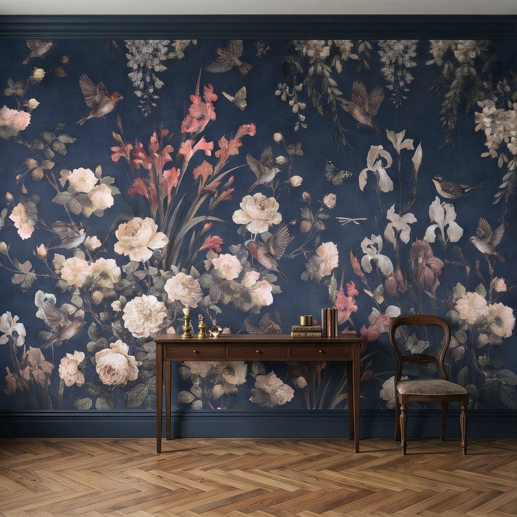 Navy Blue Floral Birds Vintage Chinoiserie White Roses Pink Flowers Flying Birds Butterflies Botanical Wall Mural
