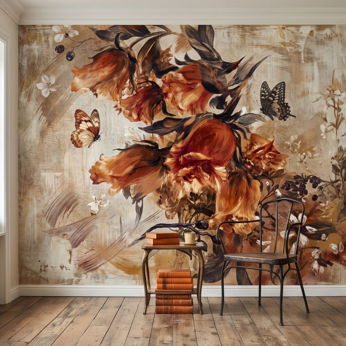 Large orange flowers and butterflies wall mural with dark leafy branches