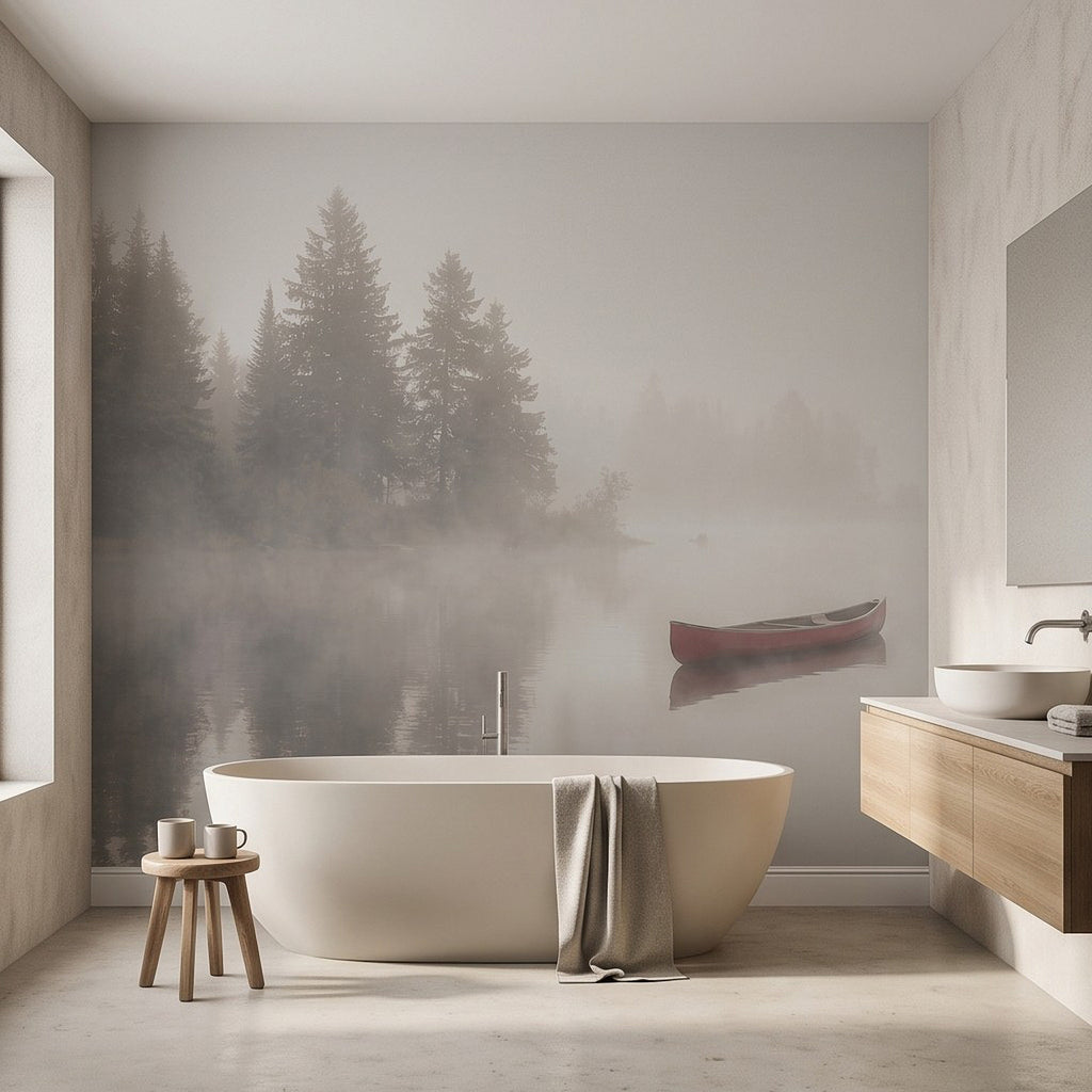 Foggy pine forest wall mural with canoe and lake reflection in bathroom