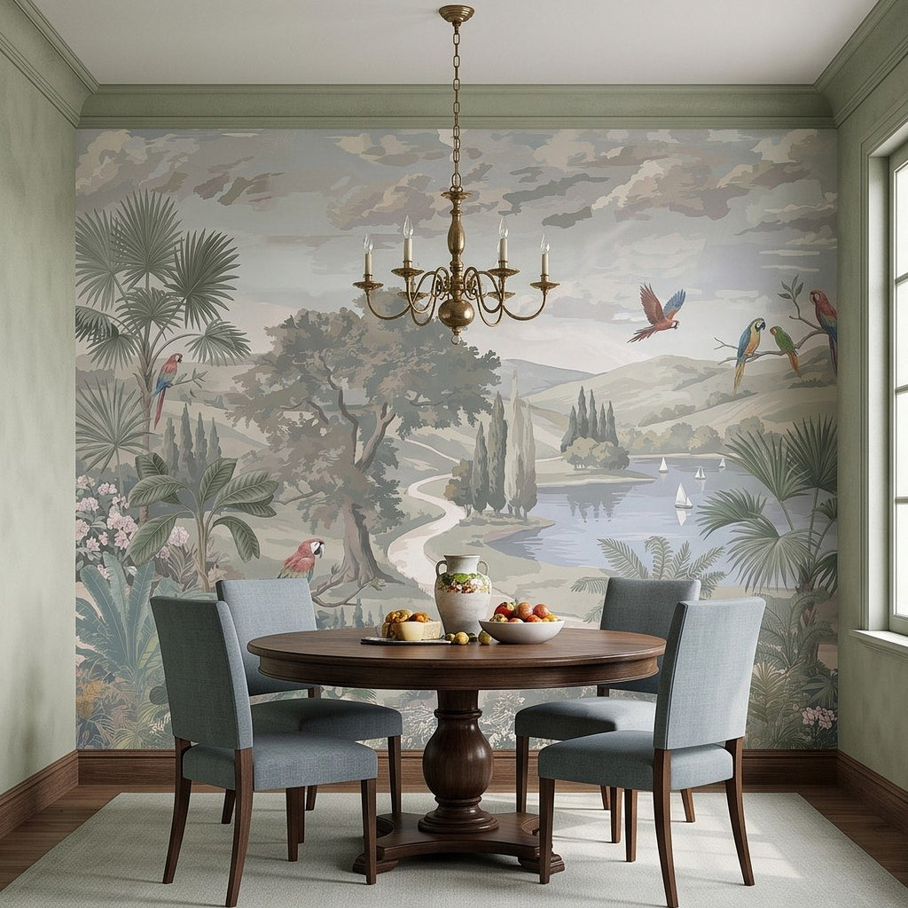 Botanical wall mural with parrots in trees, winding river, and distant hills over water