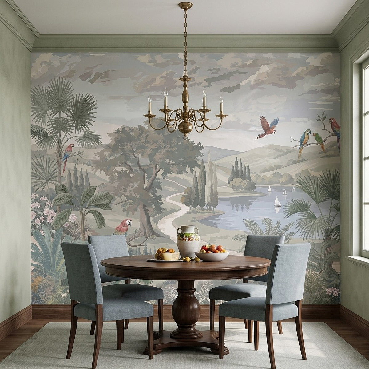 Botanical wall mural with parrots in trees, winding river, and distant hills over water