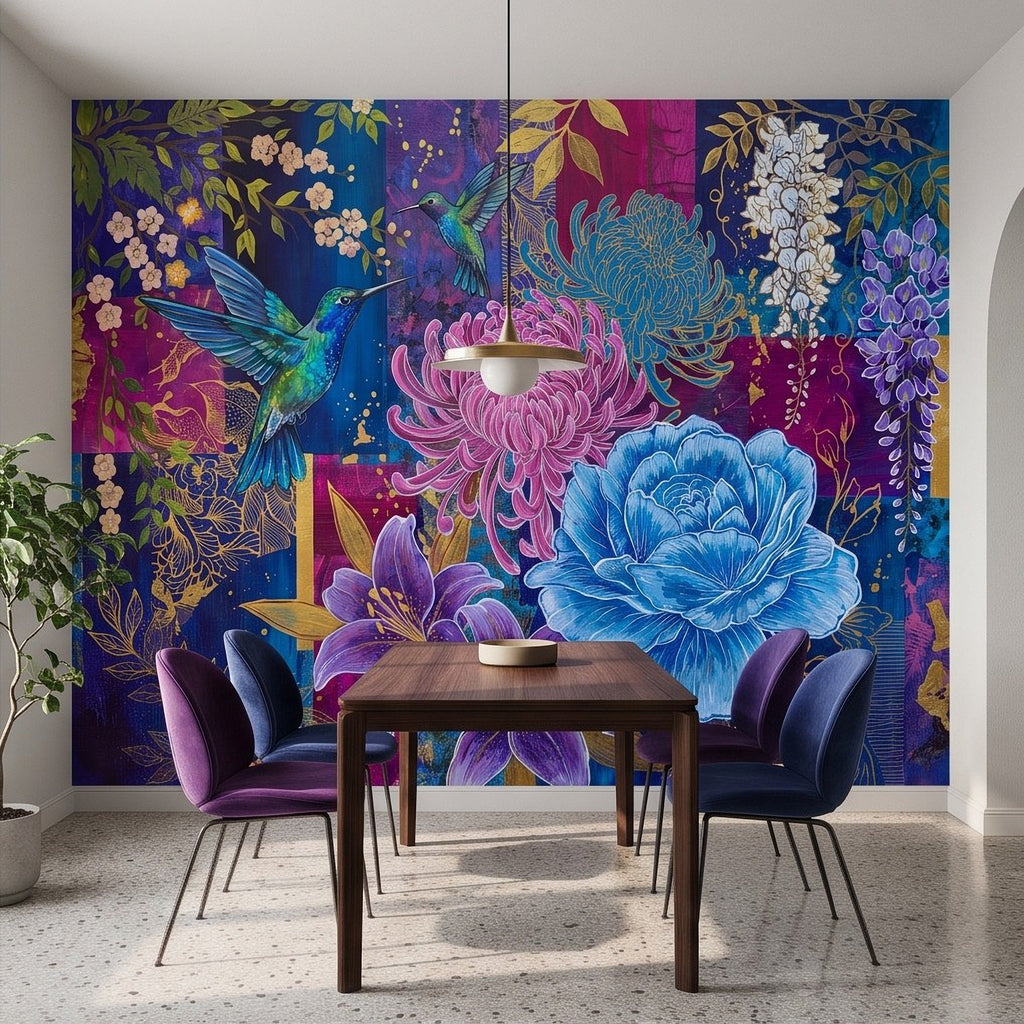 Vivid botanical wall mural showing hummingbird, blue peony, and pink chrysanthemum detail