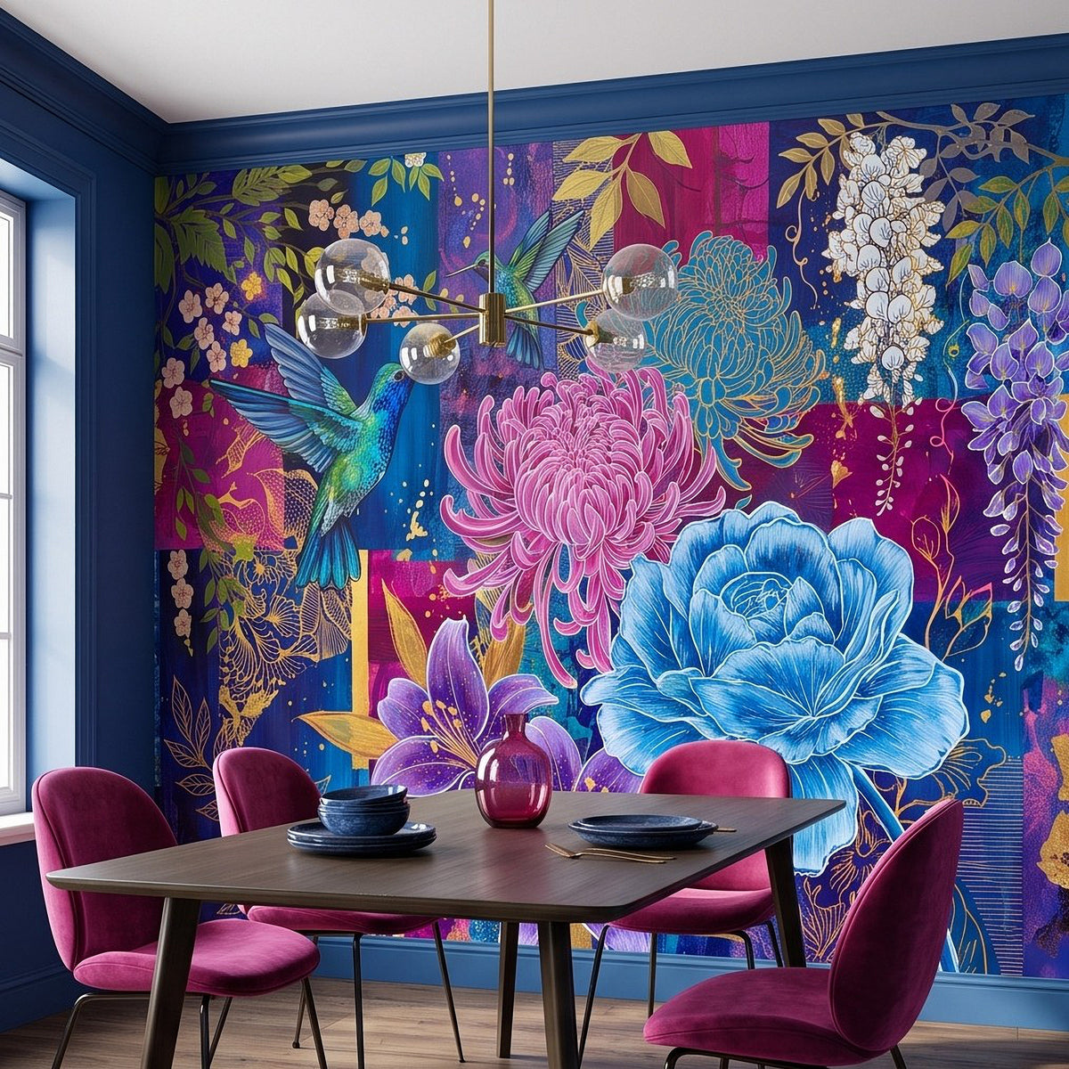 Botanical wall mural with hummingbird, pink chrysanthemum, and large blue blossom
