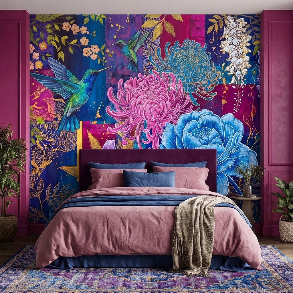 Botanical wall mural with hummingbird, pink chrysanthemum, and blue flower centerpiece