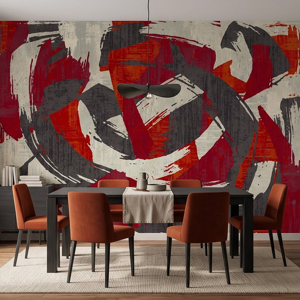 Abstract red, white and dark gray wall mural painting above dining area, bold brush shapes