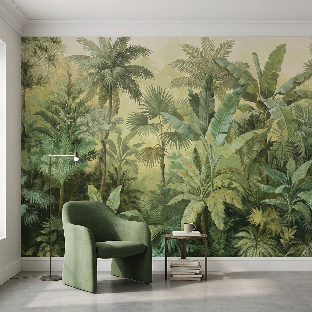 Tropical jungle wall mural with dense green foliage behind two chairs
