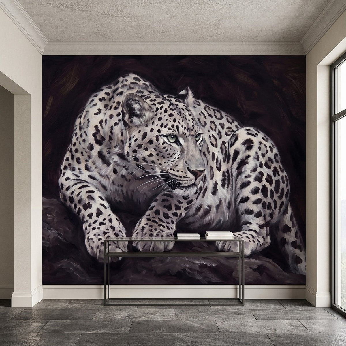 Snow leopard wall mural with a close-up crouching cat portrait and blue-green eyes