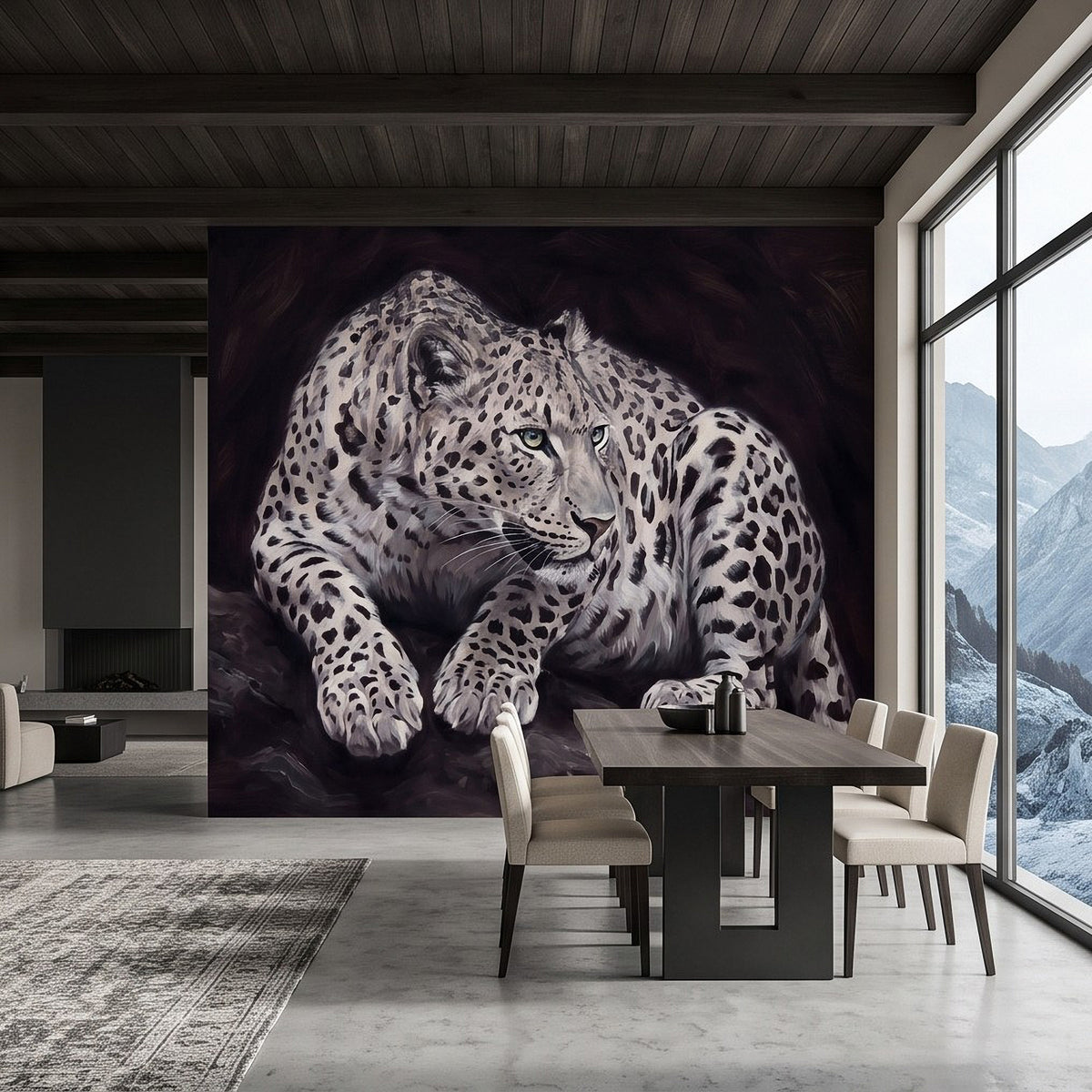 Snow leopard wall mural in a living room setting showing a crouching, spotted big cat