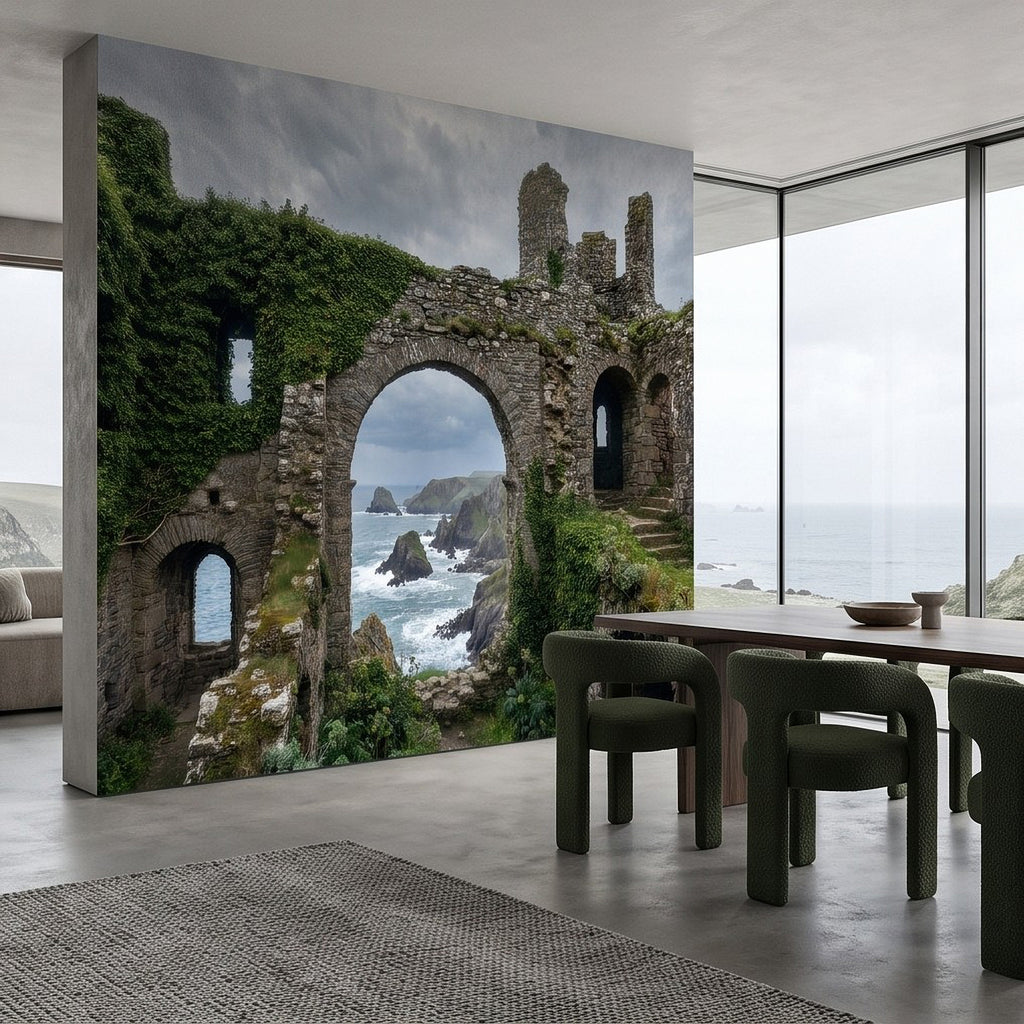 Stone ruin arch wall mural with ocean cliffs, greenery, and indoor seating