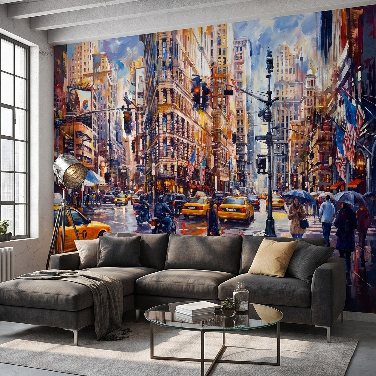 Urban city wall mural over sectional, showing yellow taxis and umbrellas