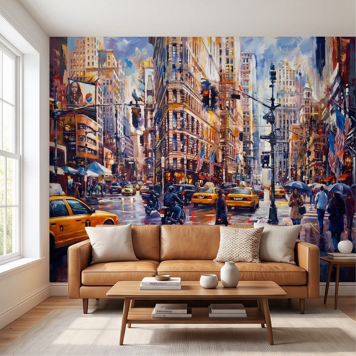 NYC rain cityscape wall mural with yellow taxis and umbrellas over a living room sofa