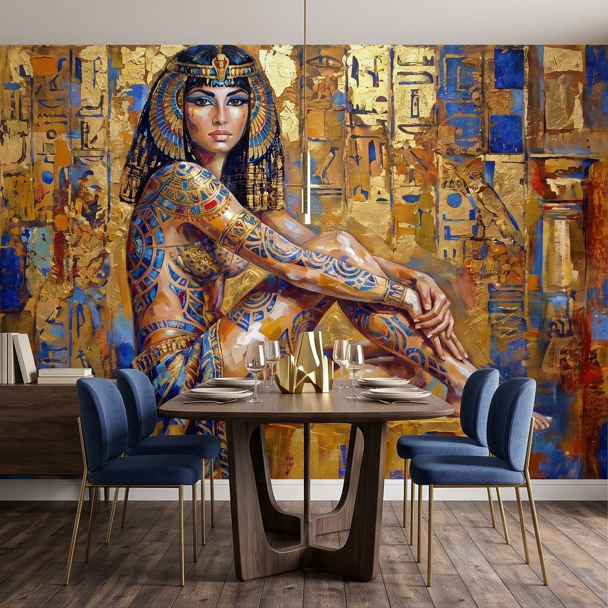 Egyptian wall mural close-up of Cleopatra-style queen seated in blue and gold with hieroglyphs