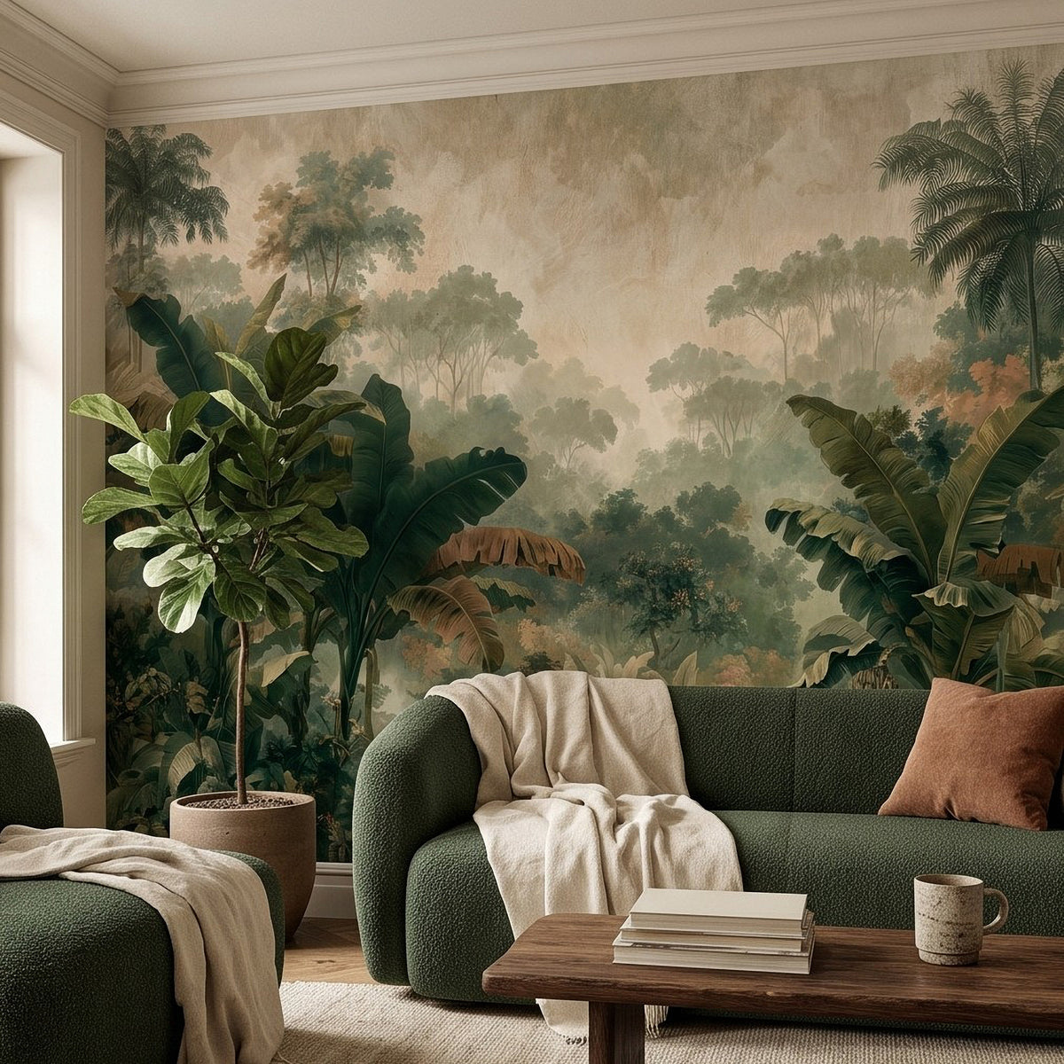 Tropical jungle botanical wall mural with banana palm foliage and layered foggy rainforest scenery