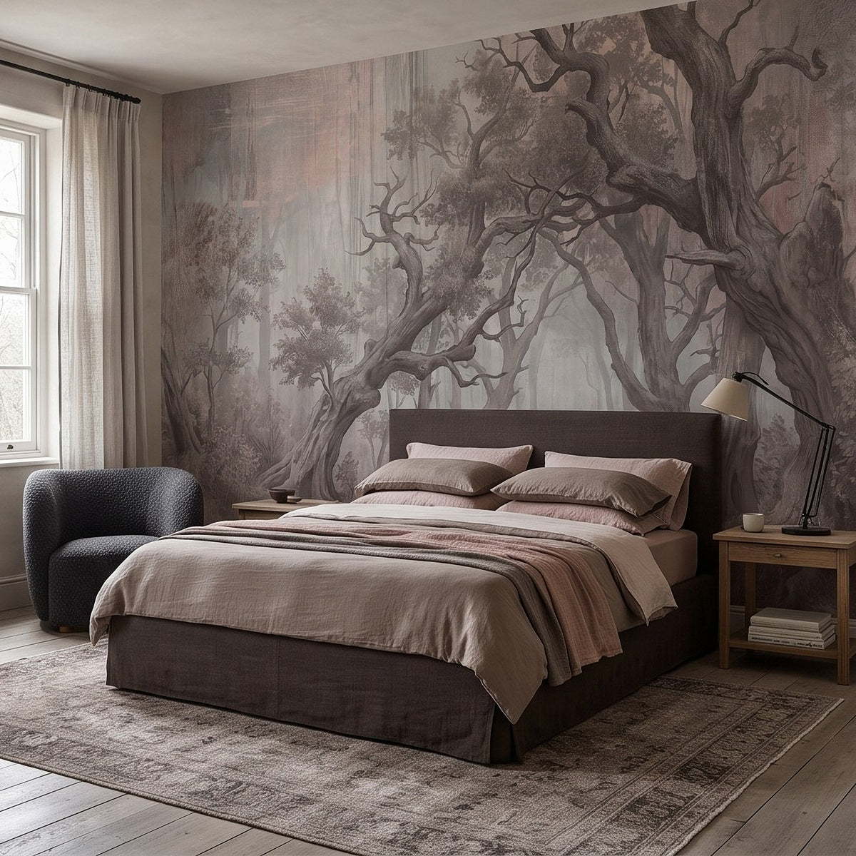 Misty woodland wall mural with winding tree branches and layered forest canopy