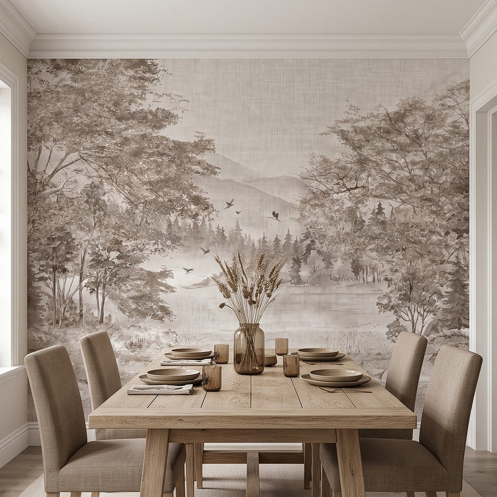 Neutral forest landscape wall mural with wooded hills, birds, and a peaceful misty path