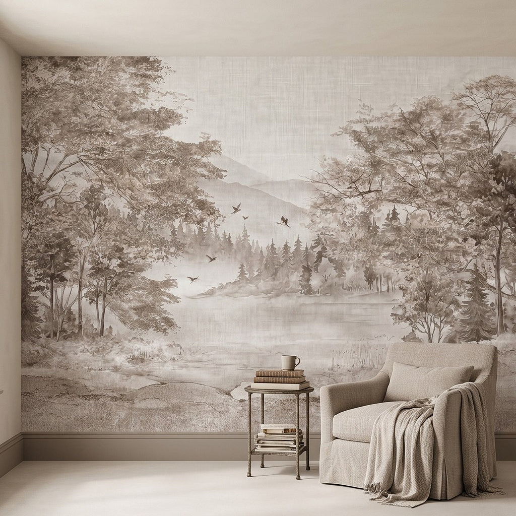 Neutral woodland mountain wall mural with birds, layered trees, and a misty lake view