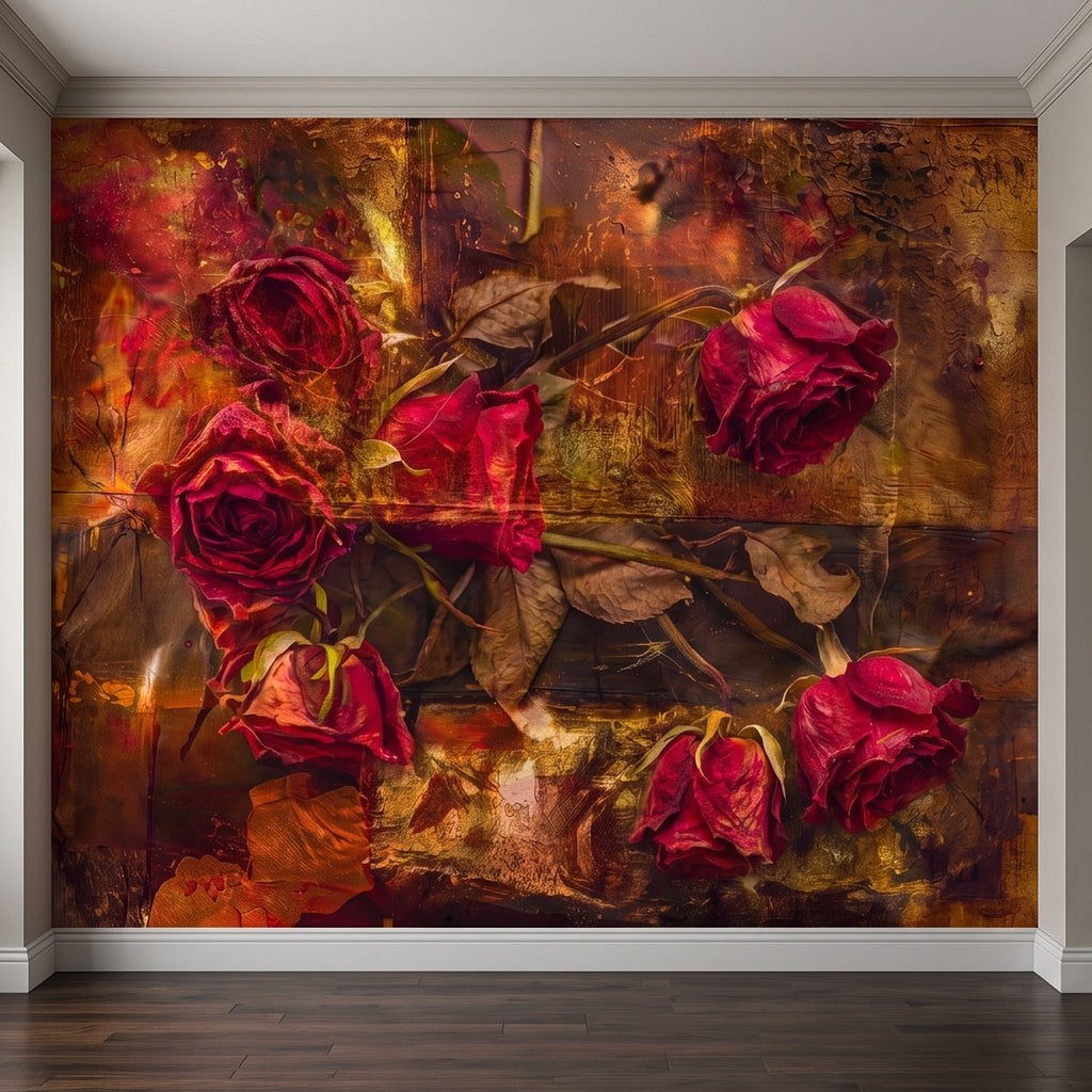 Wall mural panel featuring burgundy roses and vintage distressed botanical art