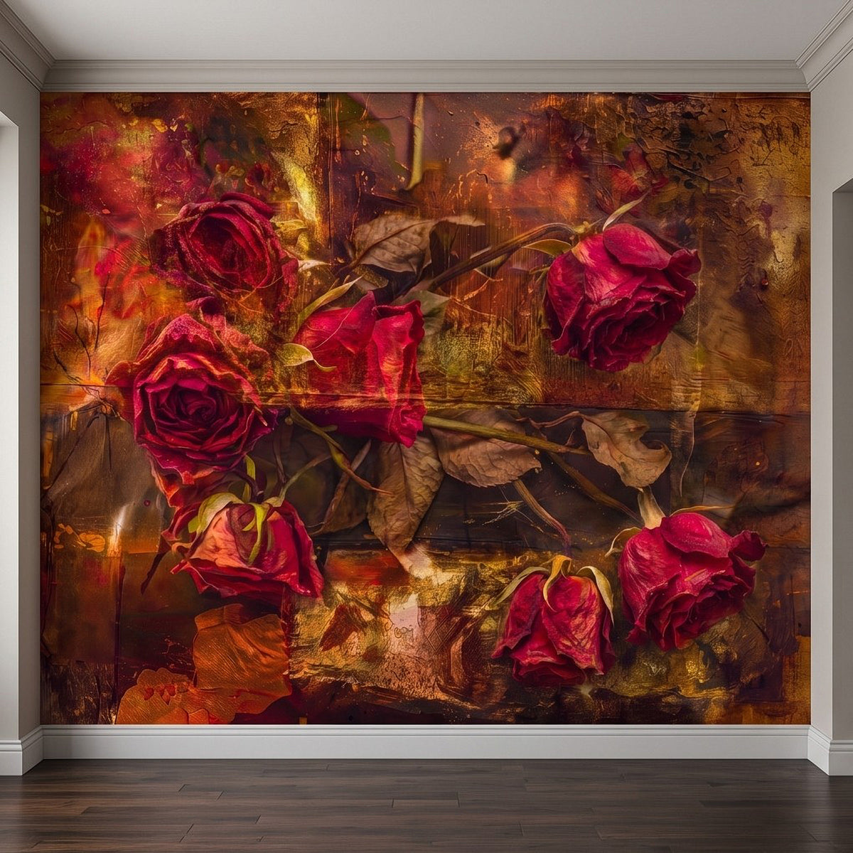 Wall mural panel featuring burgundy roses and vintage distressed botanical art