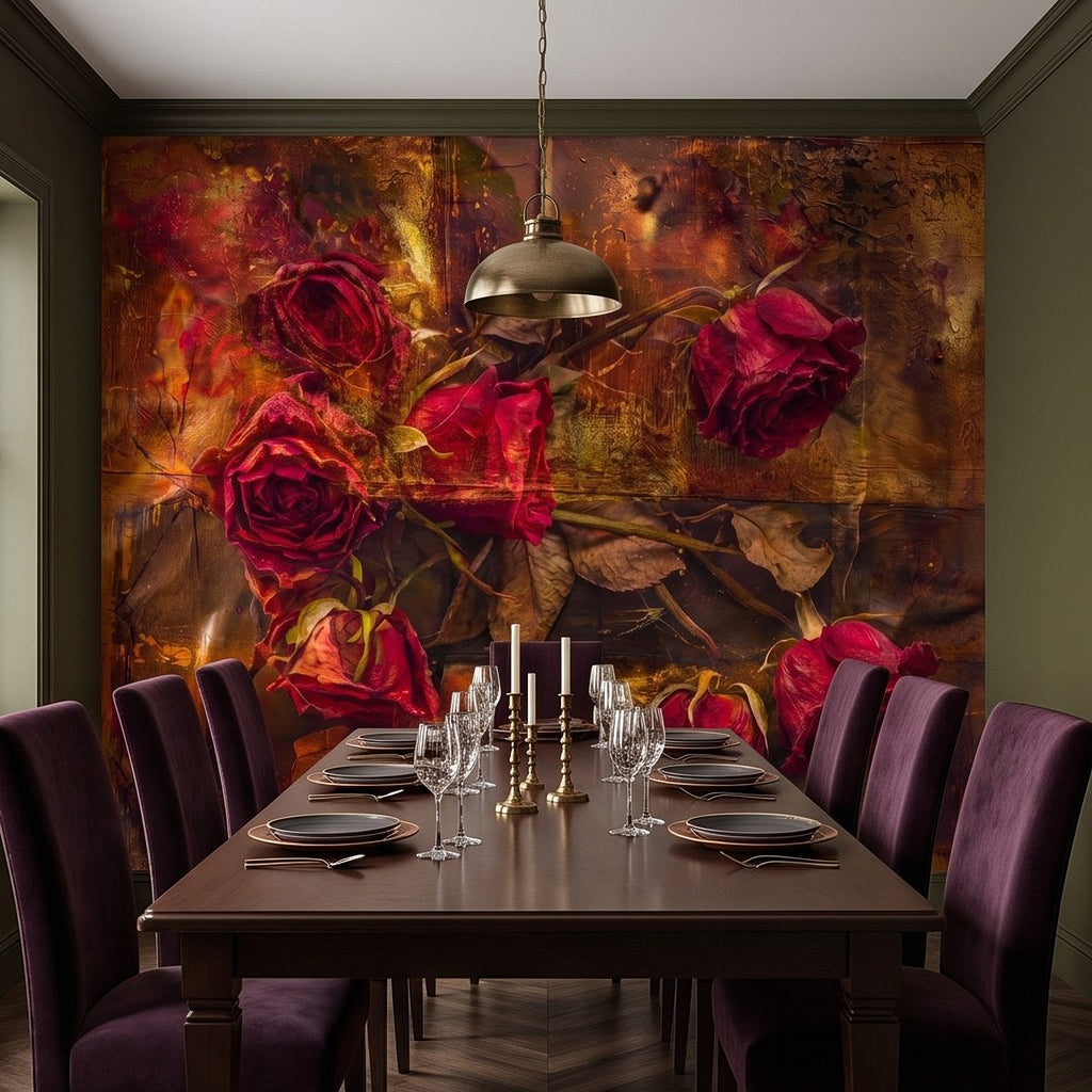 Romantic rose floral wall mural with burgundy red roses and warm distressed texture
