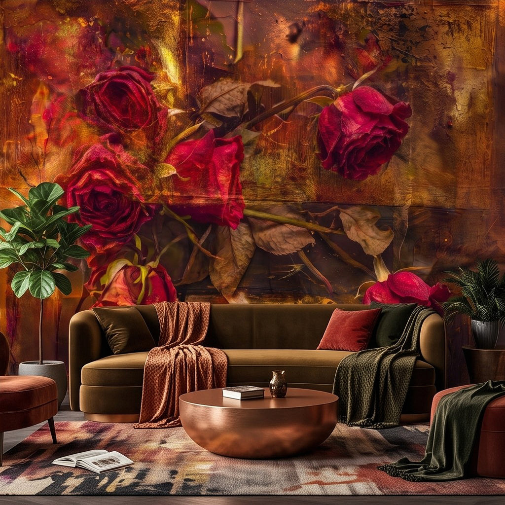 Close wall view of red roses on dark amber botanical mural with distressed texture
