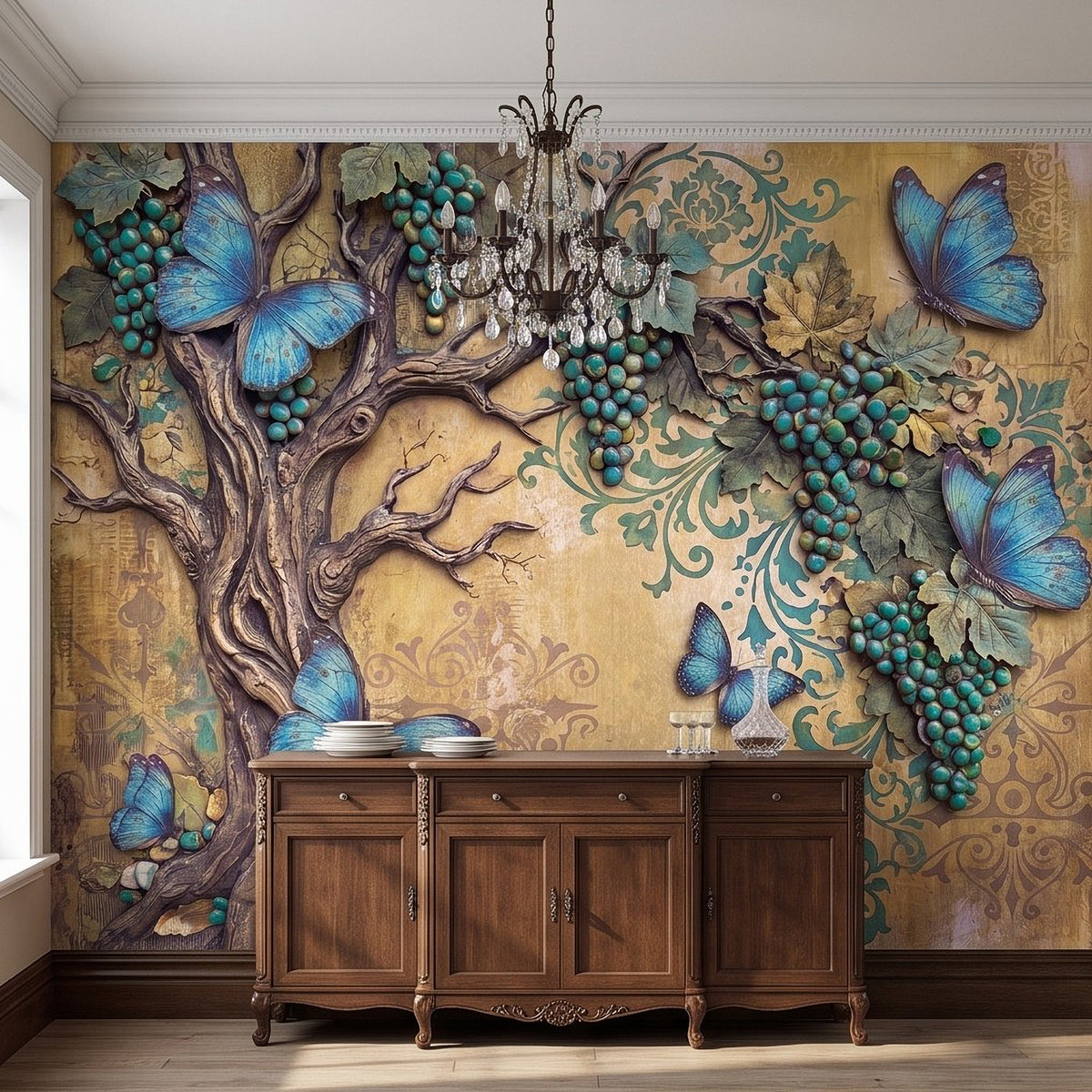 Botanical wall mural with blue butterflies and turquoise grapevines over ornate vintage scrollwork