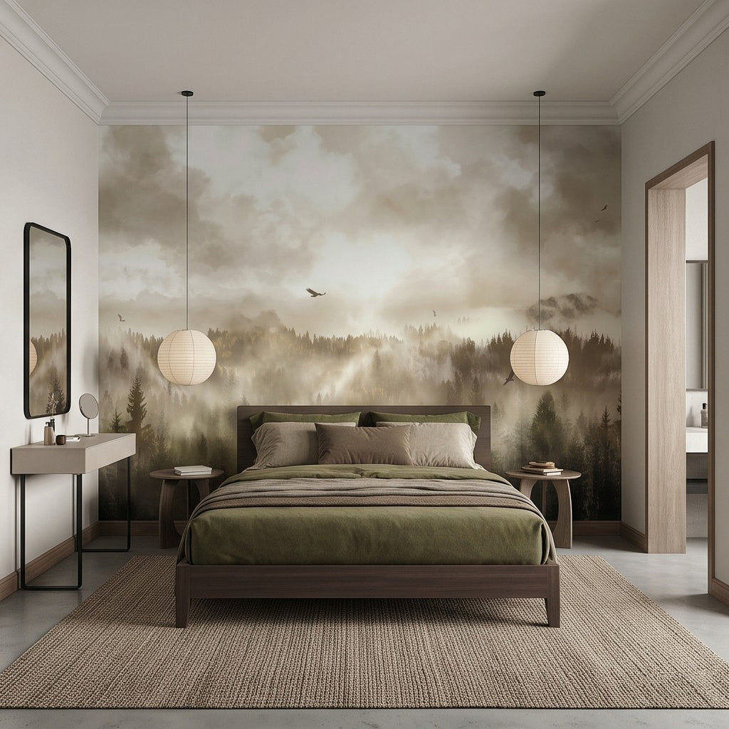 Moody fog forest wall mural with pine treeline, mountain haze, and small eagles