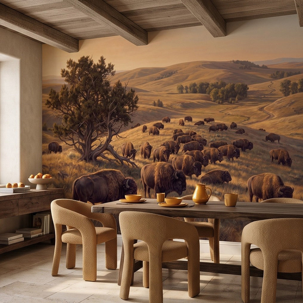 Buffalo prairie wall mural above a dining bench and chairs with tea setting