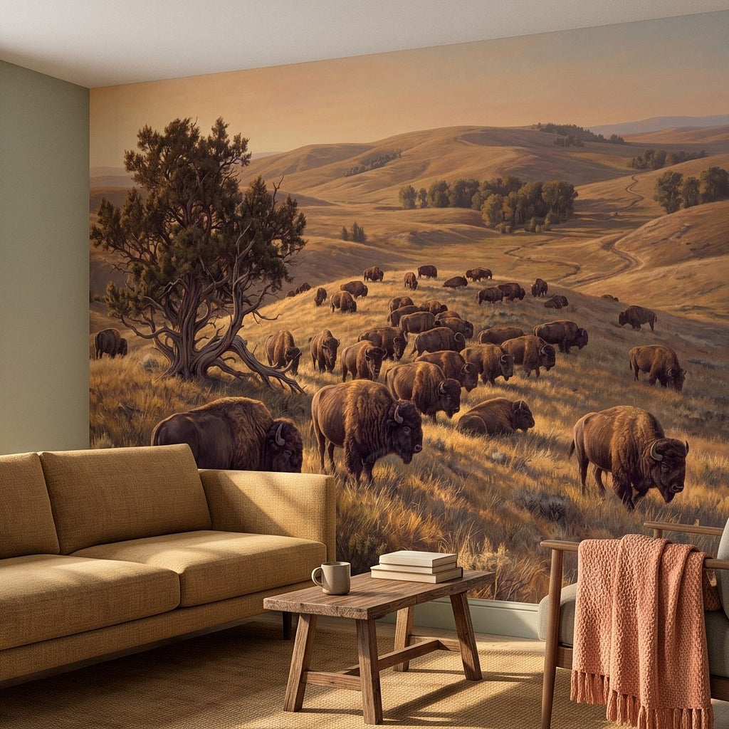Buffalo herd prairie landscape wall mural above a living room sofa
