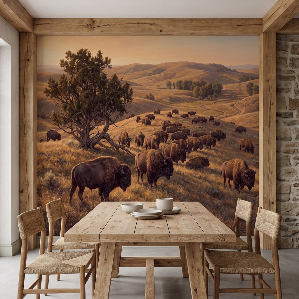 Buffalo herd prairie wall mural behind a dining table and chairs