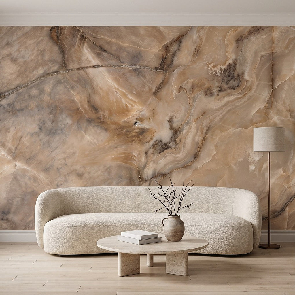 Beige faux stone wall mural with cream and brown veining, marble-like swirl texture.