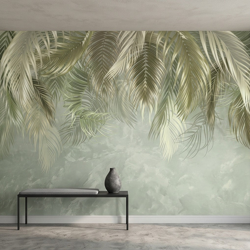Sage green palm leaf wall mural with misty texture on minimalist wall