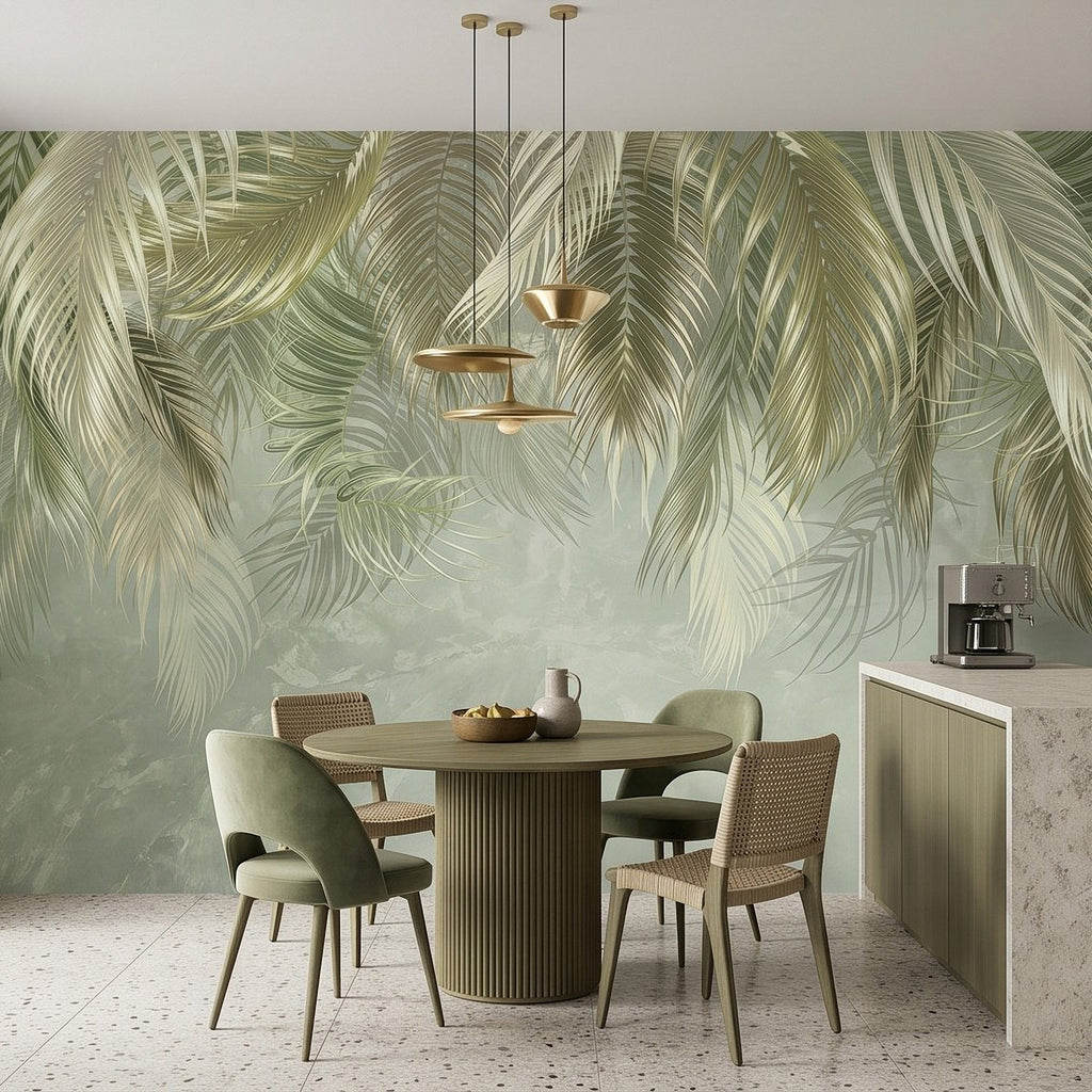 Tropical palm leaf wall mural with sage green fronds over soft light gradient