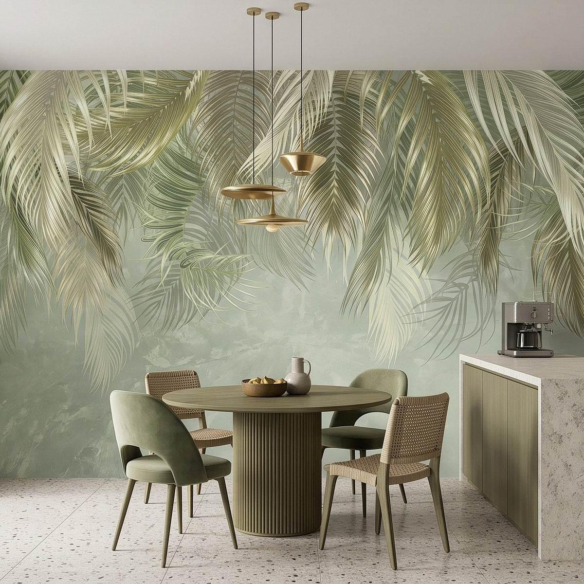 Tropical palm leaf wall mural with sage green fronds over soft light gradient