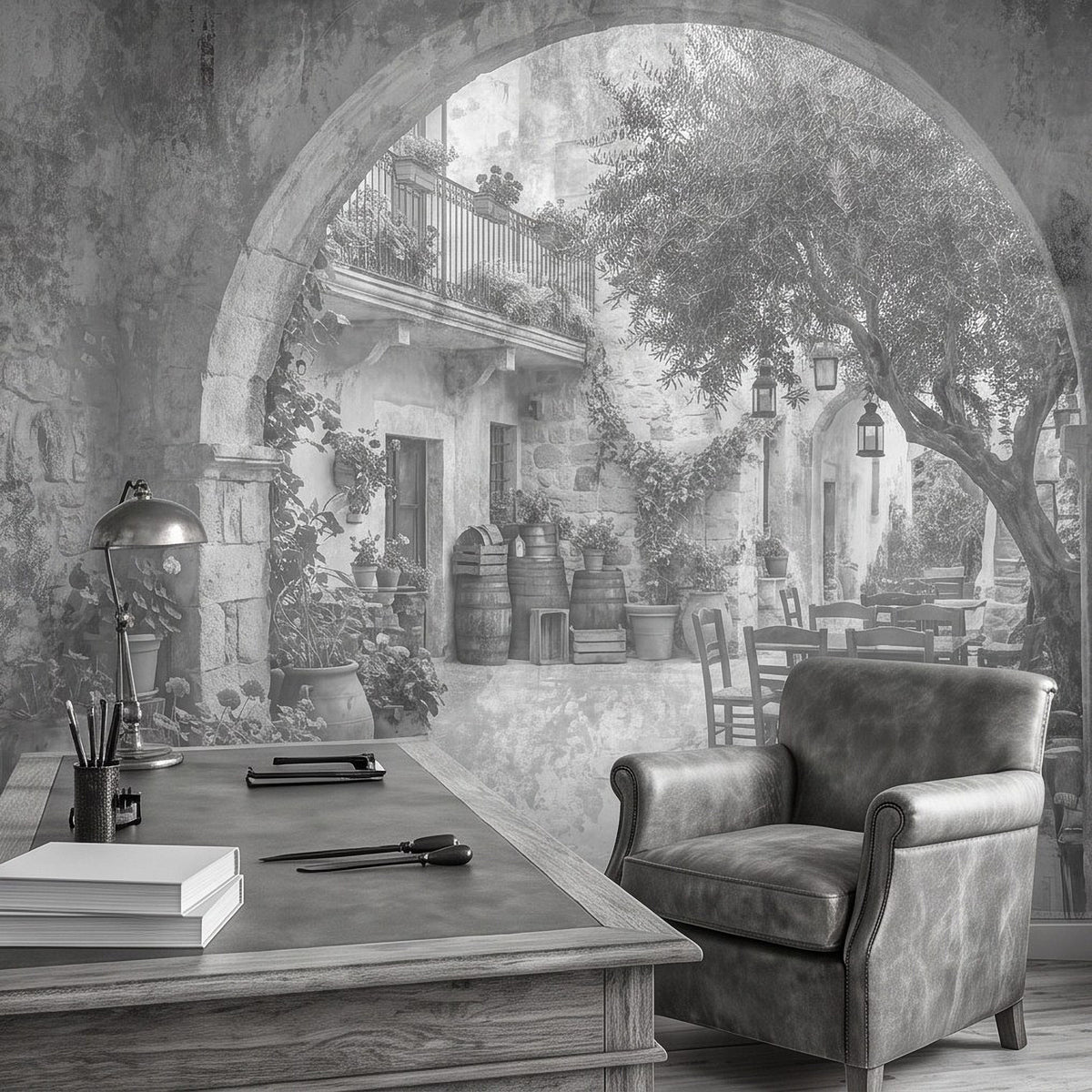 Courtyard mural with stone arch, outdoor lanterns, potted plants, and sofa seating in room