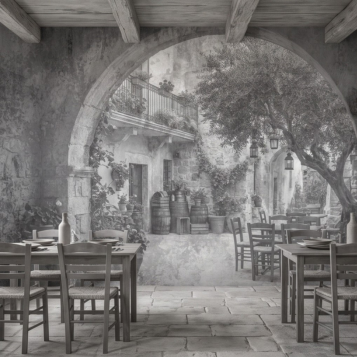 Vintage courtyard wall mural with stone arch and outdoor dining tables and chairs