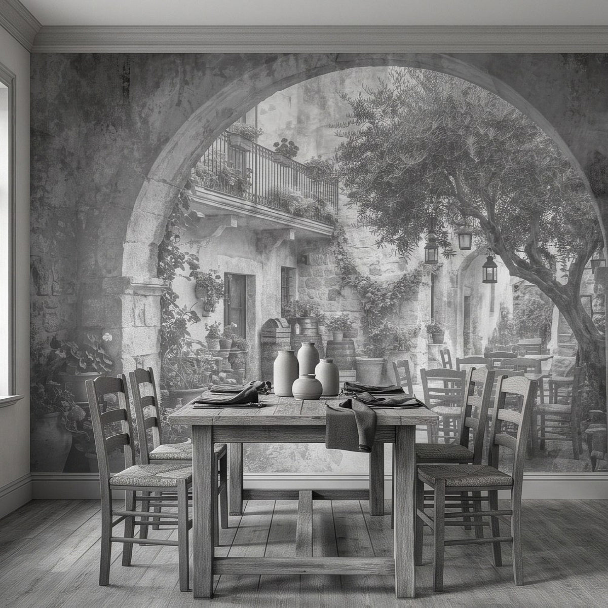 Stone arch courtyard wall mural featuring doors, pots, lanterns, and outdoor dining table