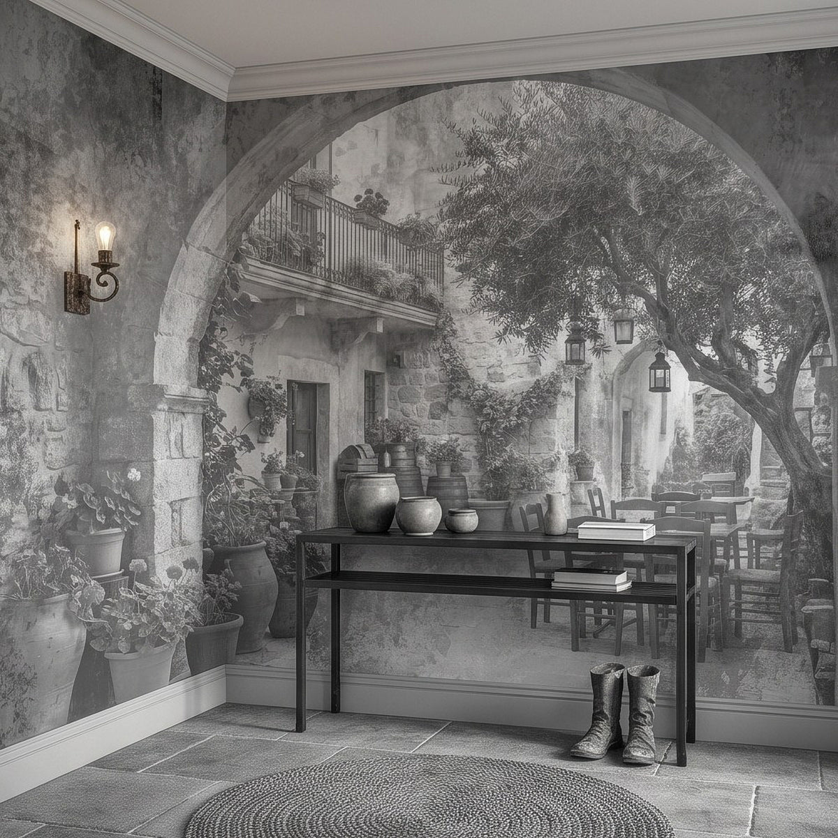 Courtyard mural under a stone arch with console table, potted plants, and lanterns