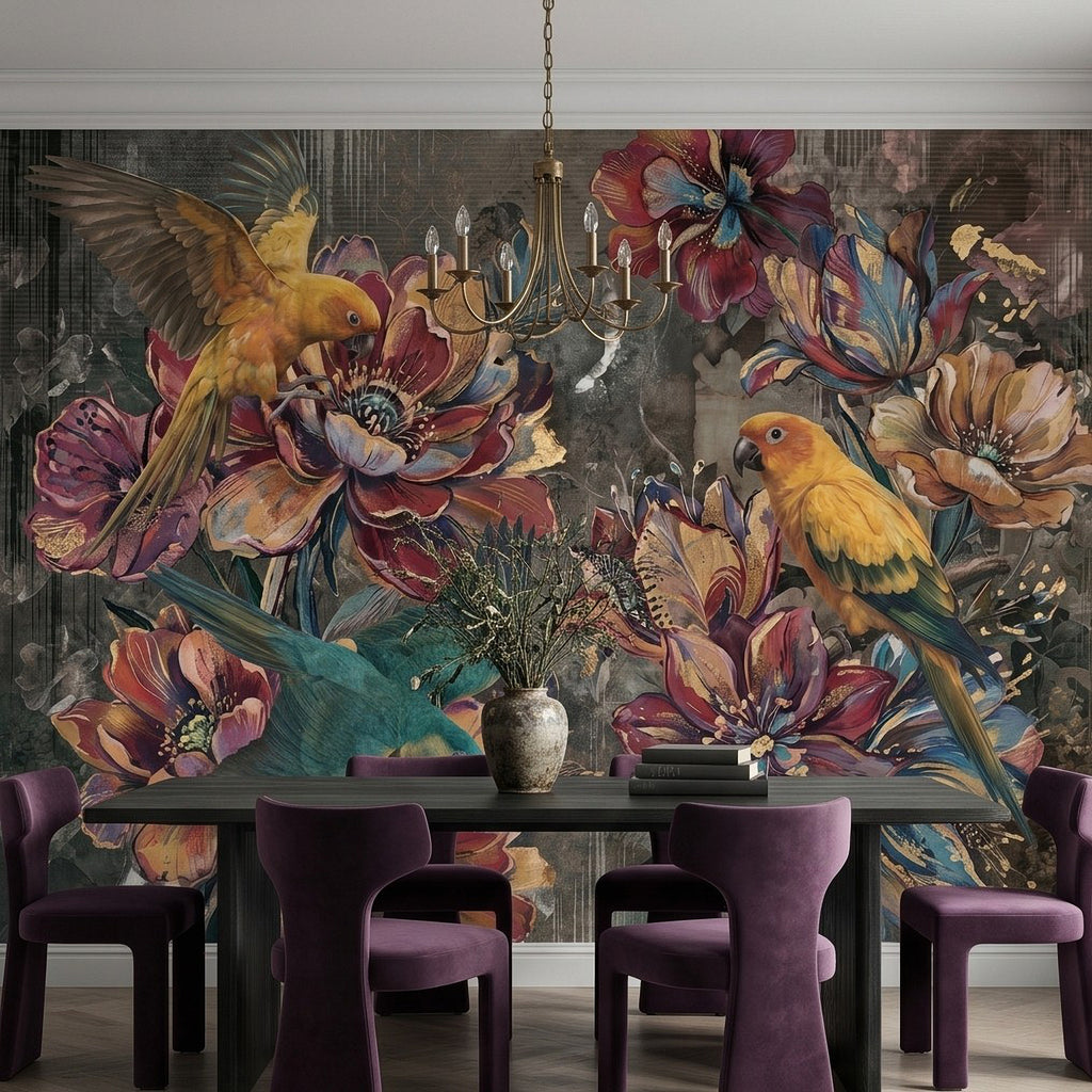 Botanical wall mural featuring yellow parrots, dark texture, and vibrant multi-color flowers