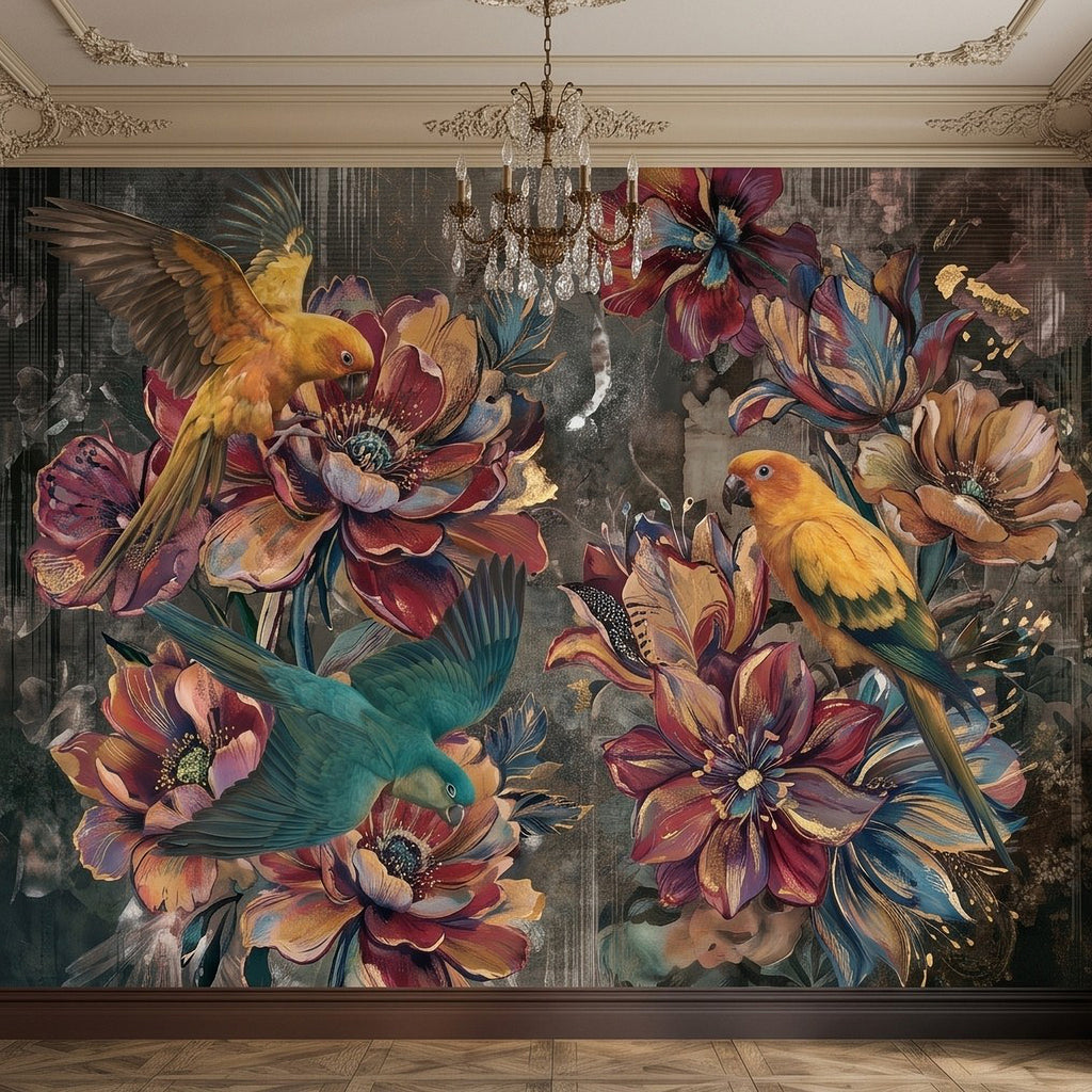Colorful floral bird wall mural with yellow parrots and large blossoms filling the wall