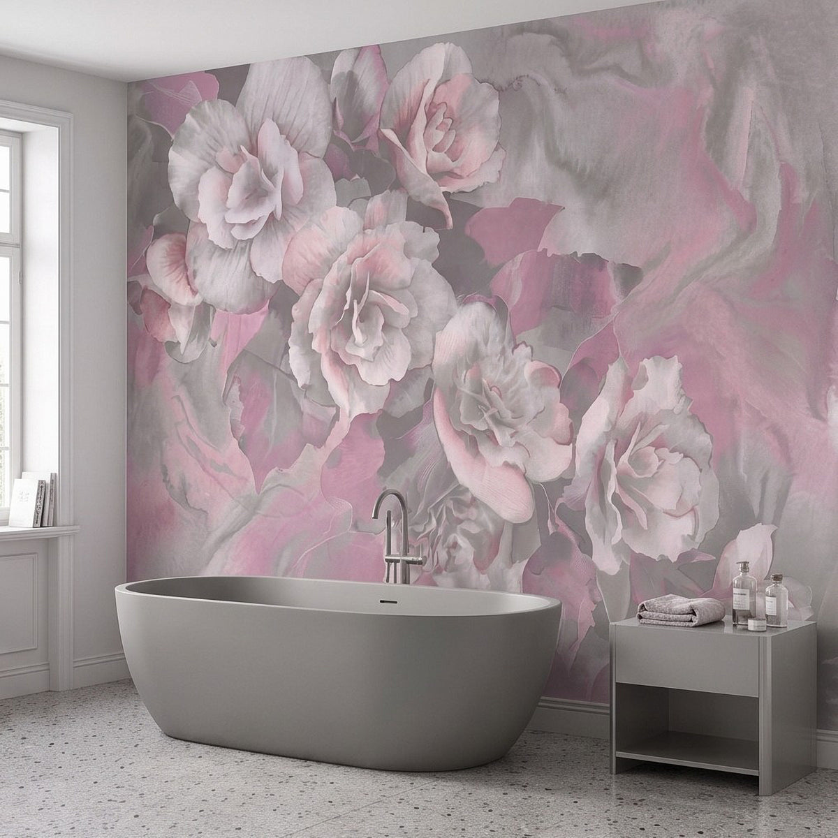 Pastel rose floral wall mural in blush and white behind a gray bathtub and side table
