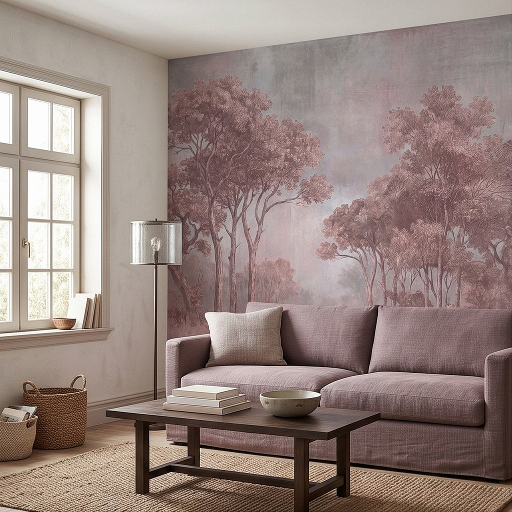 Forest tree landscape wall mural showing pink trees with misty layers and airy sky tones.