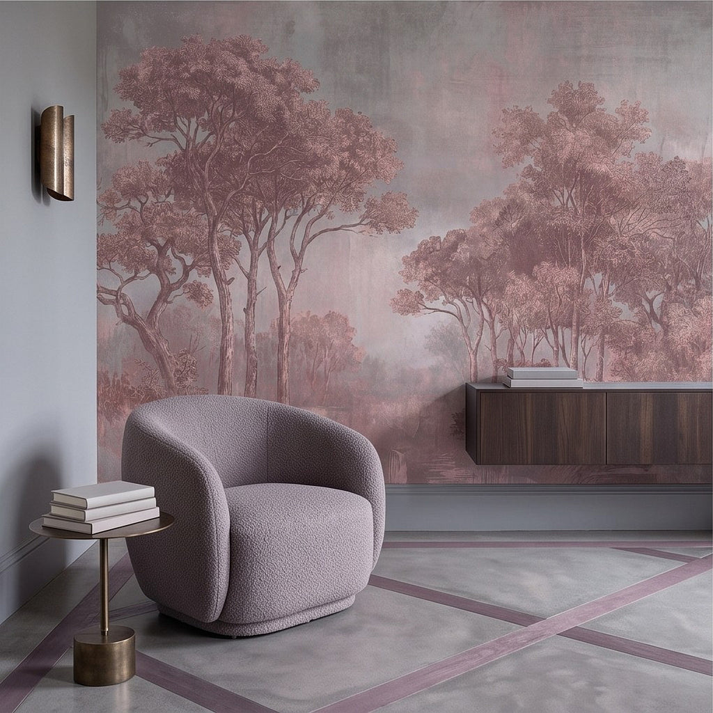 Woodland landscape wall mural on a feature wall with dusty pink trees and haze