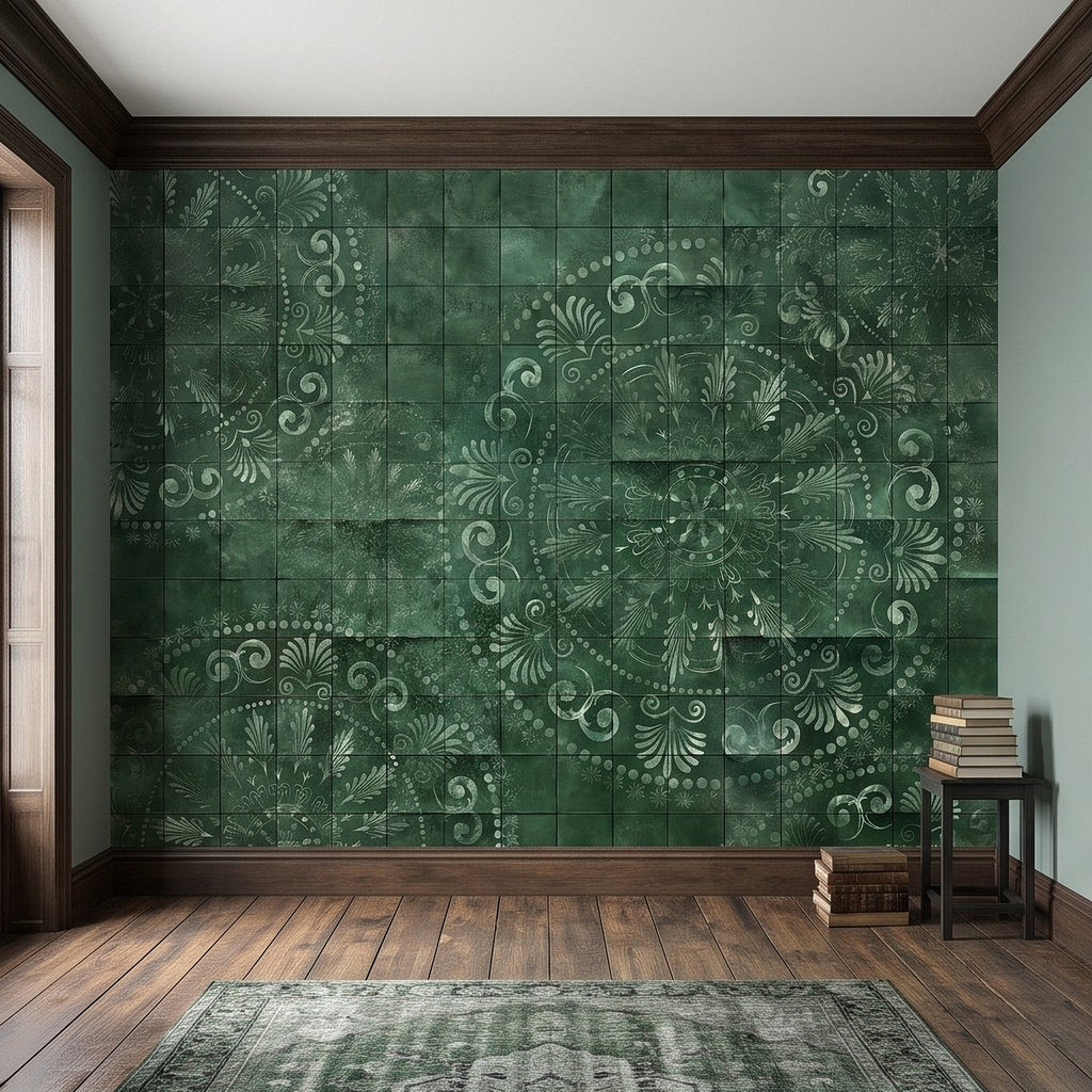 Green distressed tile wall mural with large ornate white floral medallion, empty room