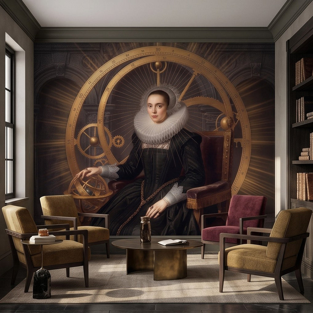 Astronomical clock portrait wall mural with a seated woman in dark attire and ruffled collar