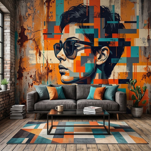 Abstract pop art wall mural of a woman portrait in sunglasses with teal and orange geometric graffiti design