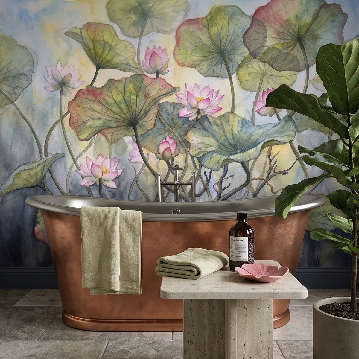 Watercolor lily pond wall mural with pink lotus flowers, lily pads, and branching stems