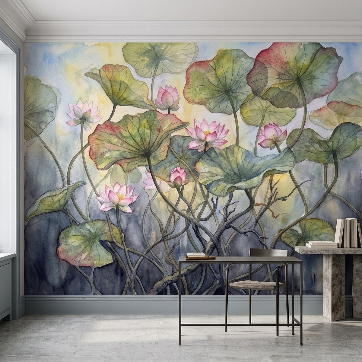 Botanical lotus and lily pad wall mural with pink blooms and green leaves