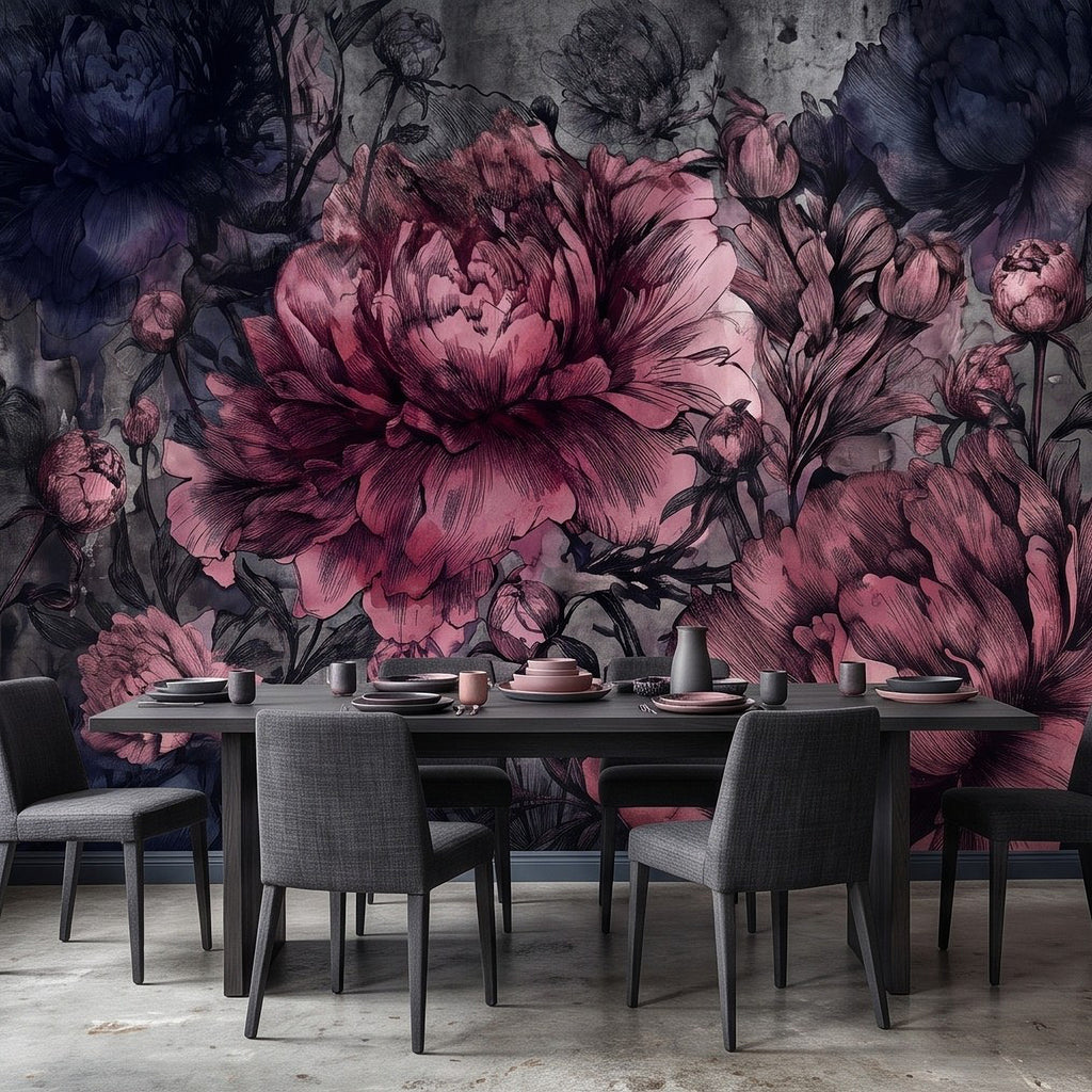 Floral wall mural pattern of pink peonies and dark blossoms across the wall