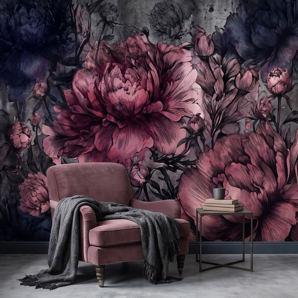 Pink peony floral wall mural with dark navy and plum flower clusters